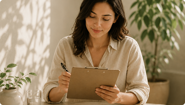 Patient completing mental health intake forms before an initial psychiatry appointment