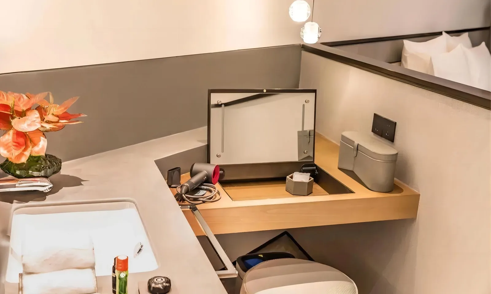 Hotel casegoods including wardrobe minibar desk and TV panel