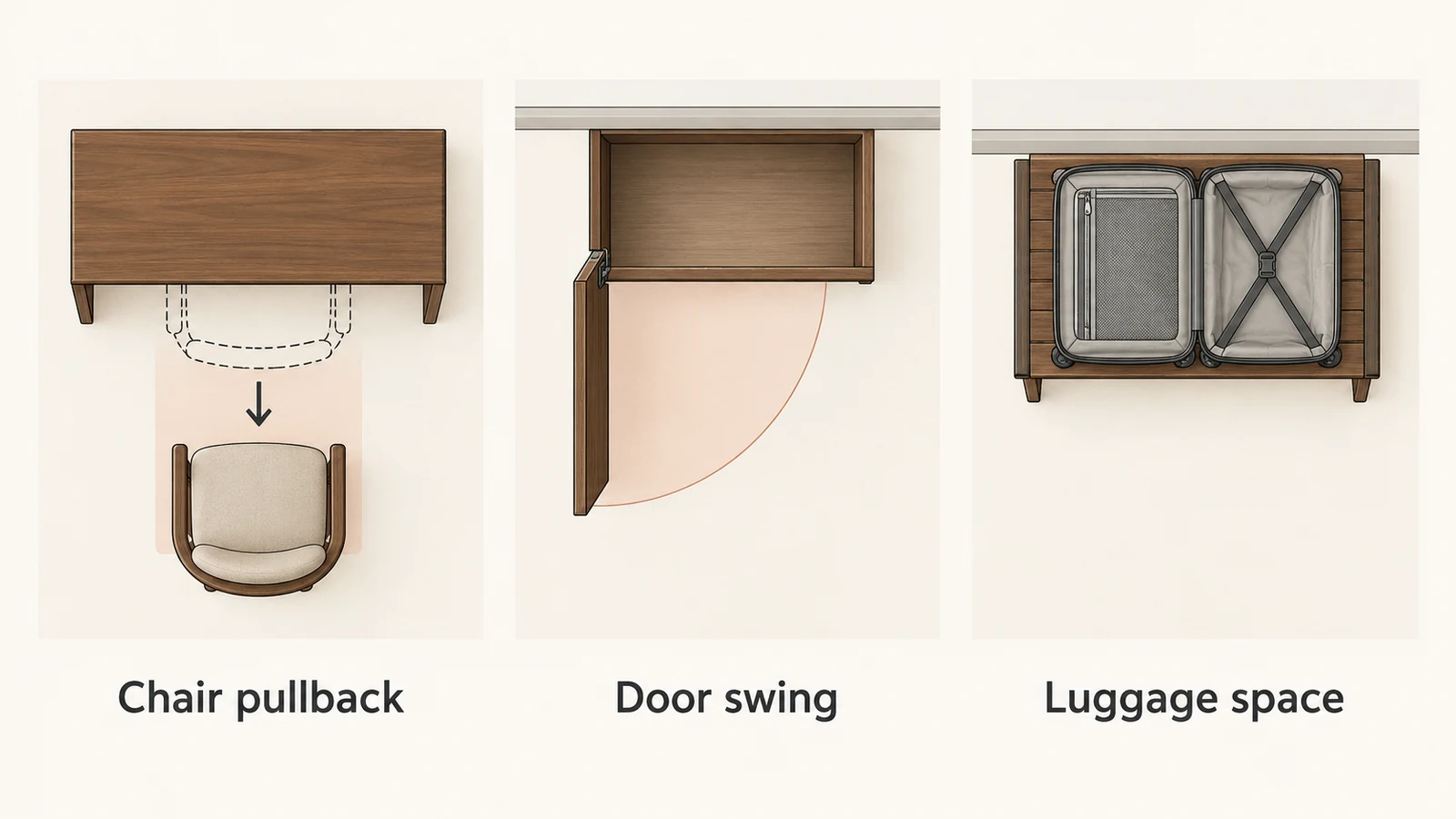 Diagrams showing chair pullback, a wardrobe door swing and an open suitcase on a luggage bench.