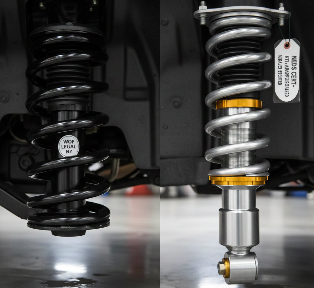 Side-by-side comparison of a WOF-compliant lowering spring and an adjustable coilover requiring an LVV Cert in a New Zealand track car build.