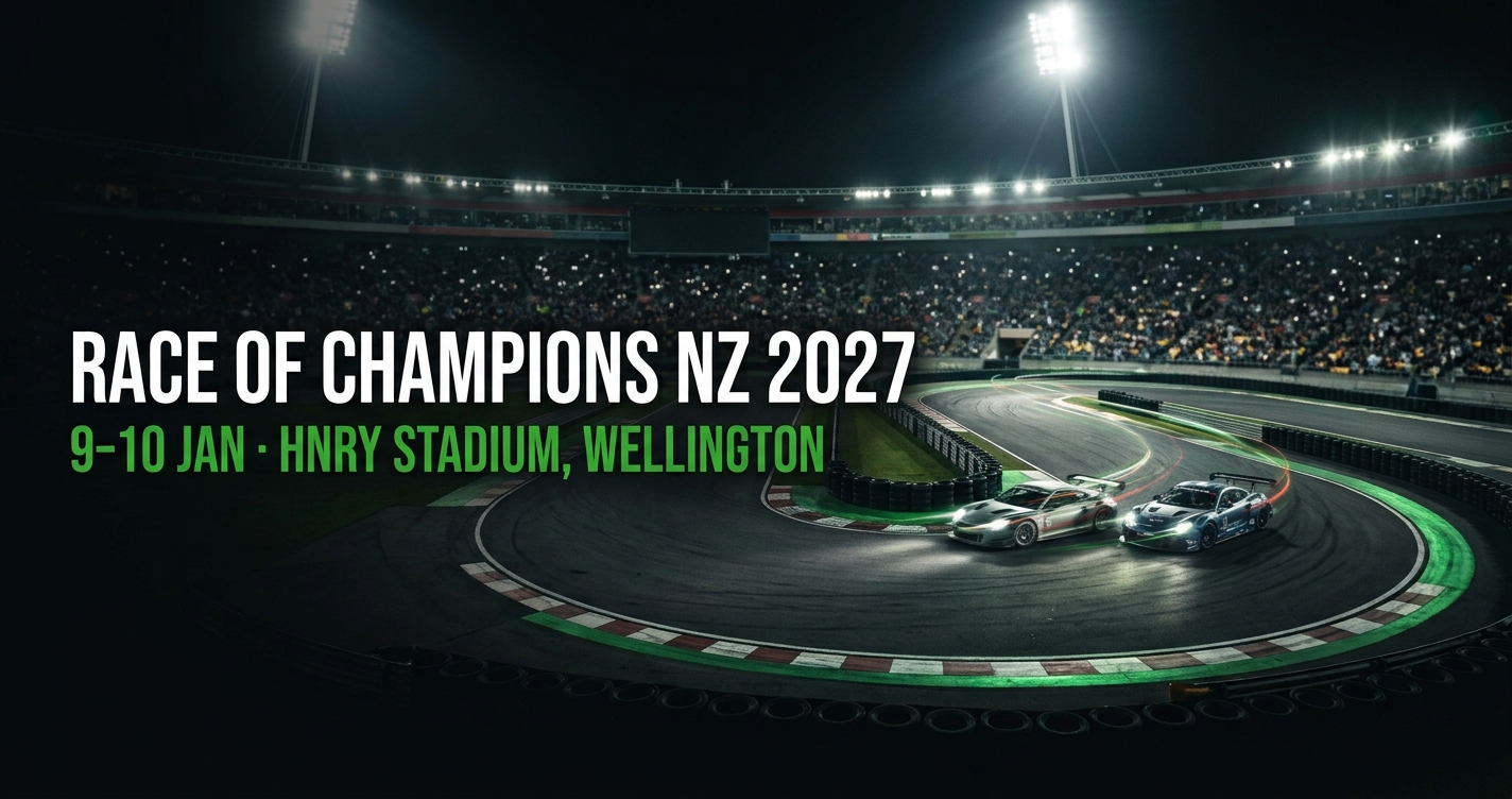 Race of Champions New Zealand 2027 illustration: two race cars in a floodlit stadium circuit at Hnry Stadium, Wellington, 9–10 January 2027