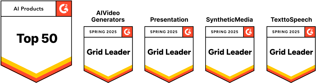 A row of five G2 award badges from Spring 2025 showcasing AI Studios’ recognition. The first badge highlights Top 50 AI Products. The next four badges show AI Studios ranked as a Grid Leader in AI Video Generators, Presentation Tools, Synthetic Media, and Text-to-Speech categories. This image represents AI Studios' position as a leading enterprise AI video generator across multiple use cases.