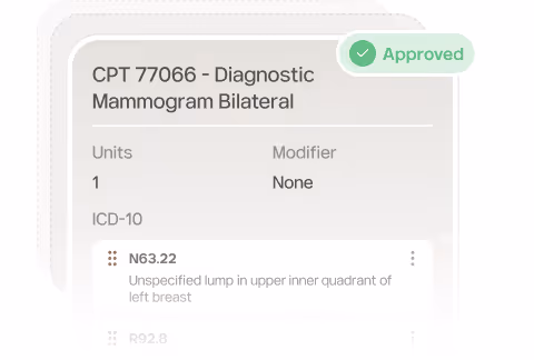 Medical billing entry for CPT 77066 Diagnostic Mammogram Bilateral, Units 1, Modifier None, with ICD-10 code N63.22 for unspecified lump in upper inner quadrant of left breast, marked approved.