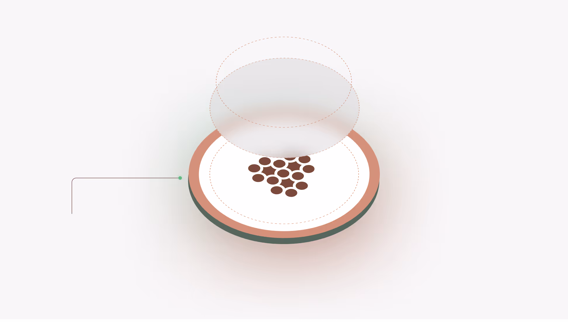 3D illustration of a circular brown and green base with small brown stones clustered in the center and two translucent overlapping oval rings above it.