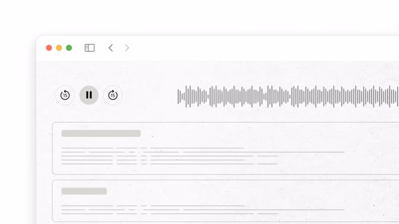 Audio player interface with pause button centered between two 15-second rewind and forward buttons above a waveform display and placeholder text boxes below.