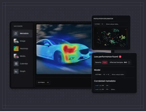 User interface showing heatmap analysis focused on a car's front area with metadata, population exploration scatterplot, and low performance alert panels.