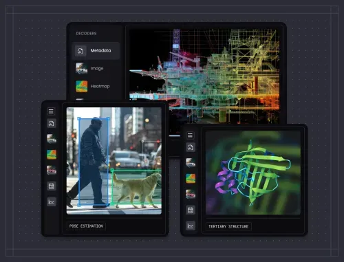 Three digital screens showing image metadata, a person with dog labeled in pose estimation, and a 3D molecular tertiary structure.