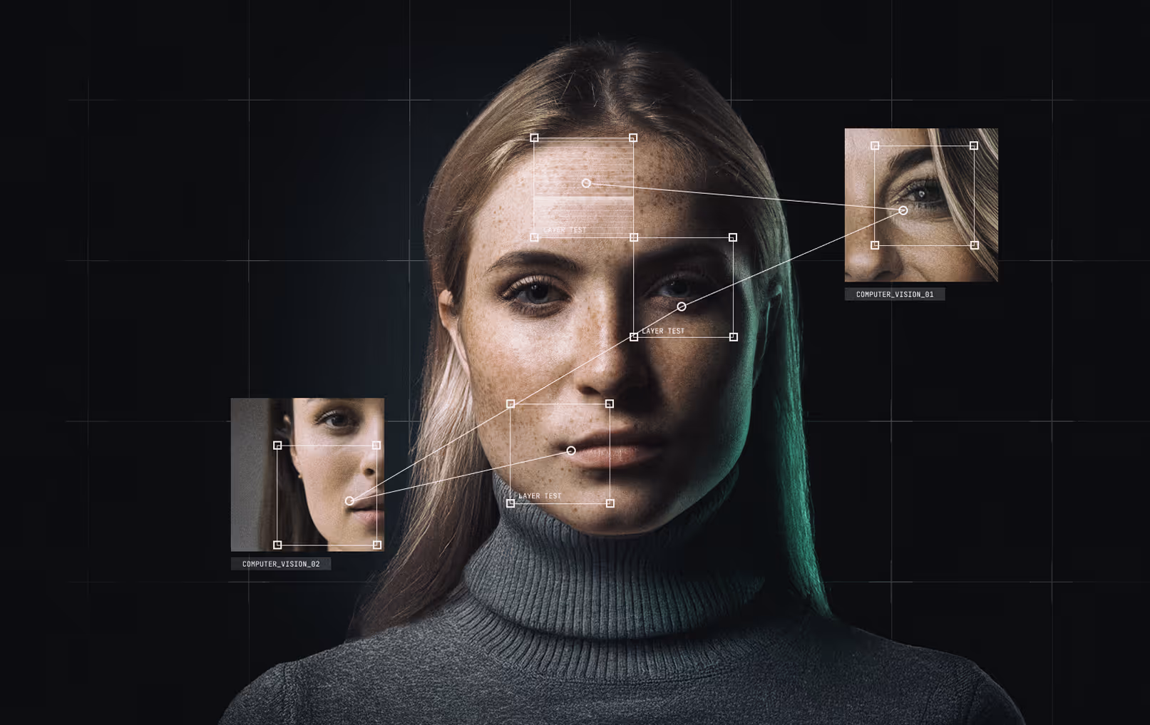 Close-up of a woman’s face with superimposed digital facial recognition boxes and lines connecting features to smaller inset images.