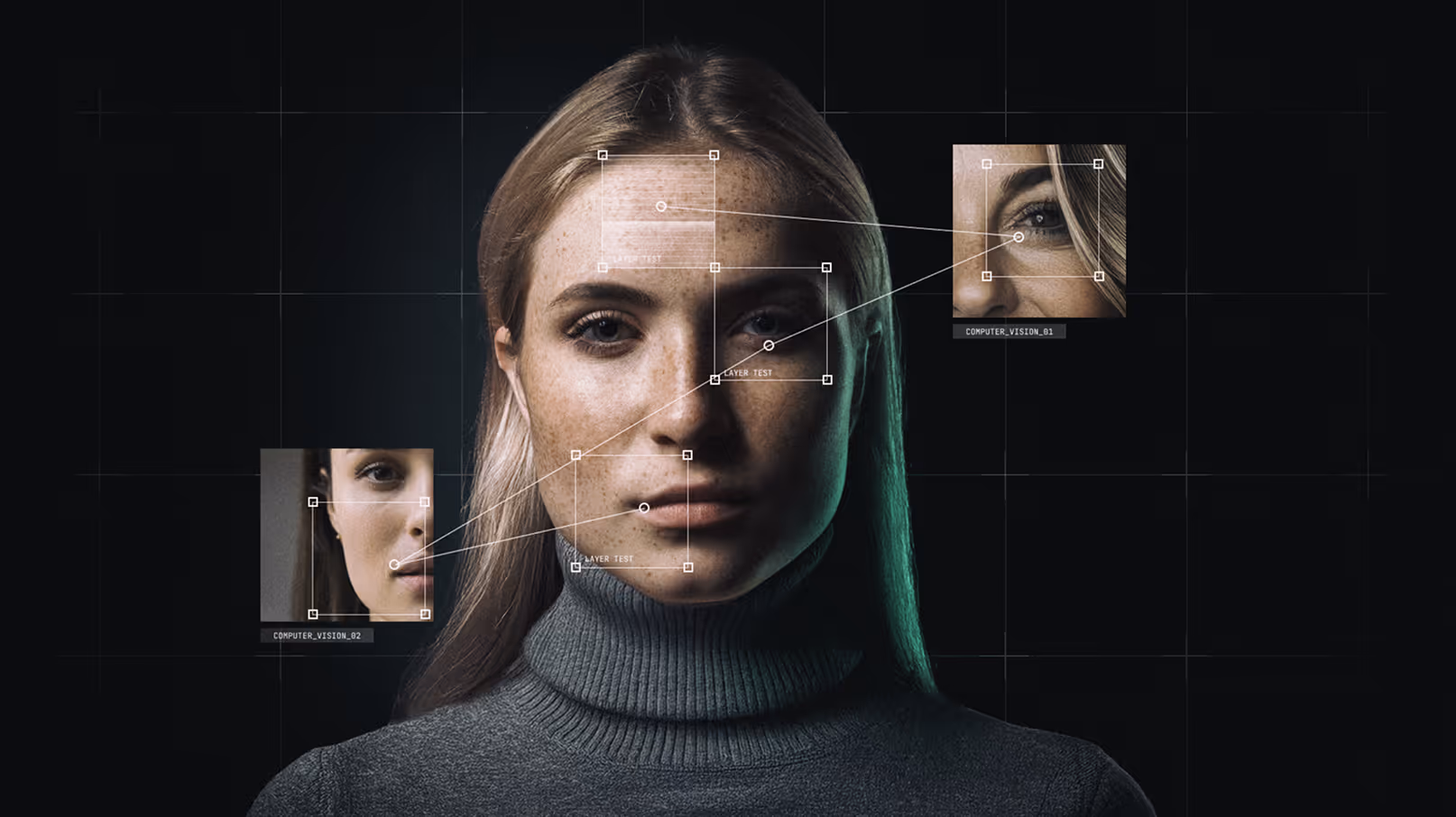 Woman's face scanned with computer vision highlighting facial areas like eyes, nose, and mouth.