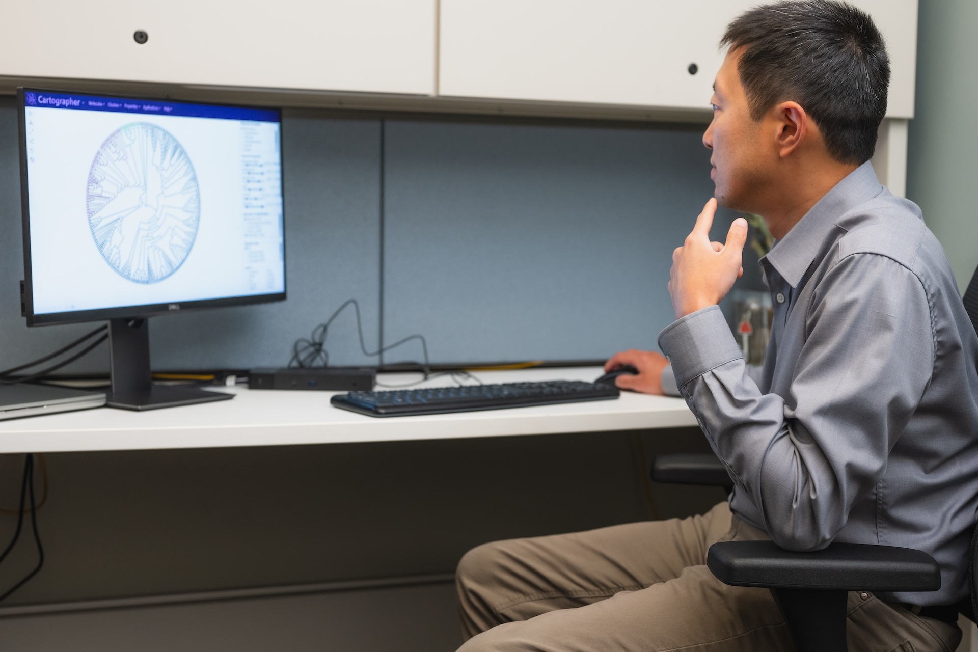 Scientist examining chemical structures on a computer