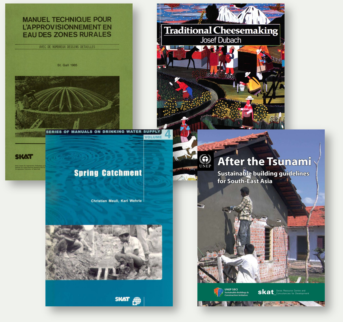 Covers of four manuals: a green French manual on rural water supply with photo of a water dome, a colorful traditional cheesemaking book, a blue manual titled Spring Catchment showing people working on water infrastructure, and a UNEP manual titled After the Tsunami showing two men working on a brick house.