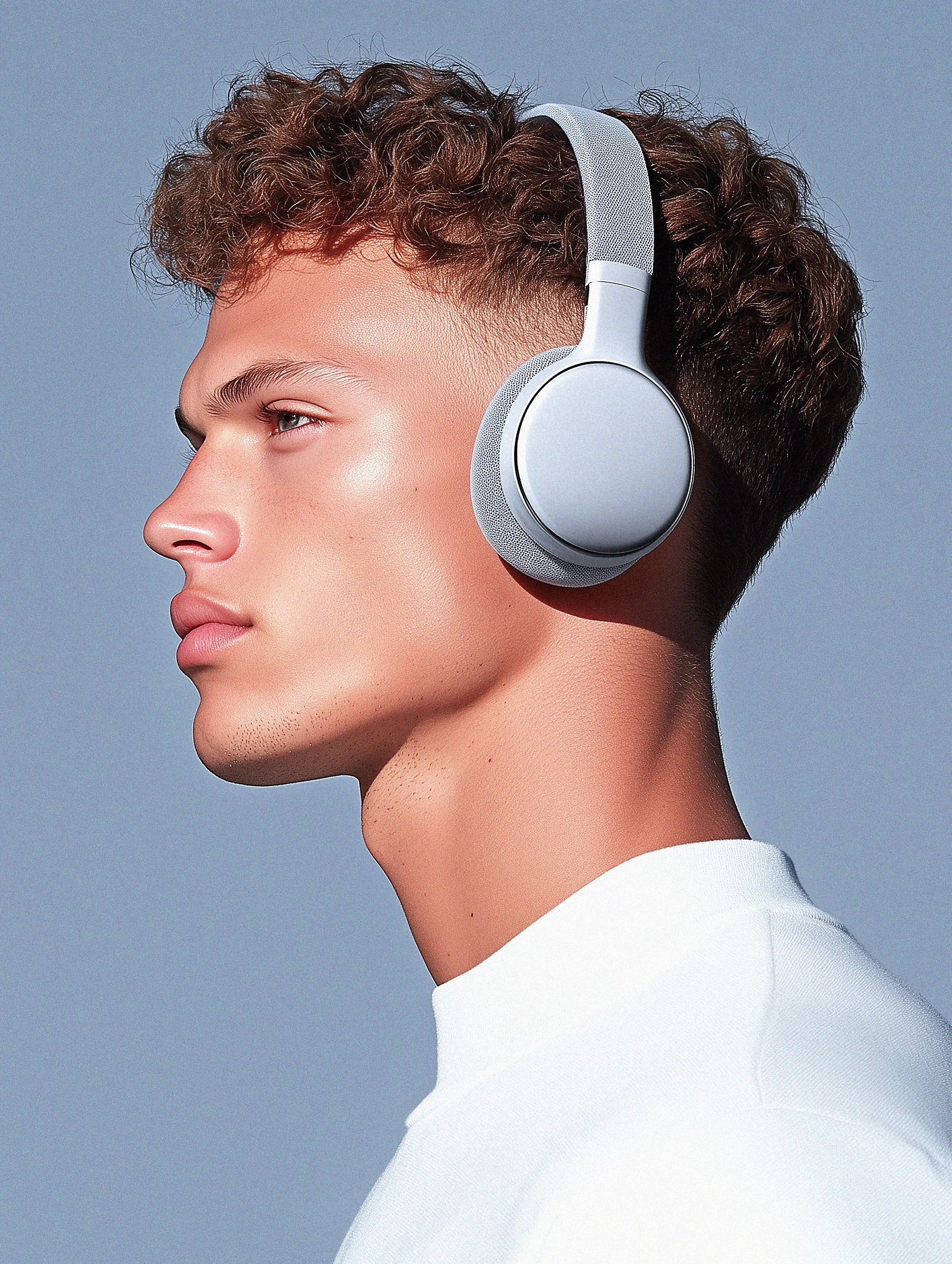 Profile of a young man with curly hair wearing white wireless over-ear headphones and a white shirt against a blue background.