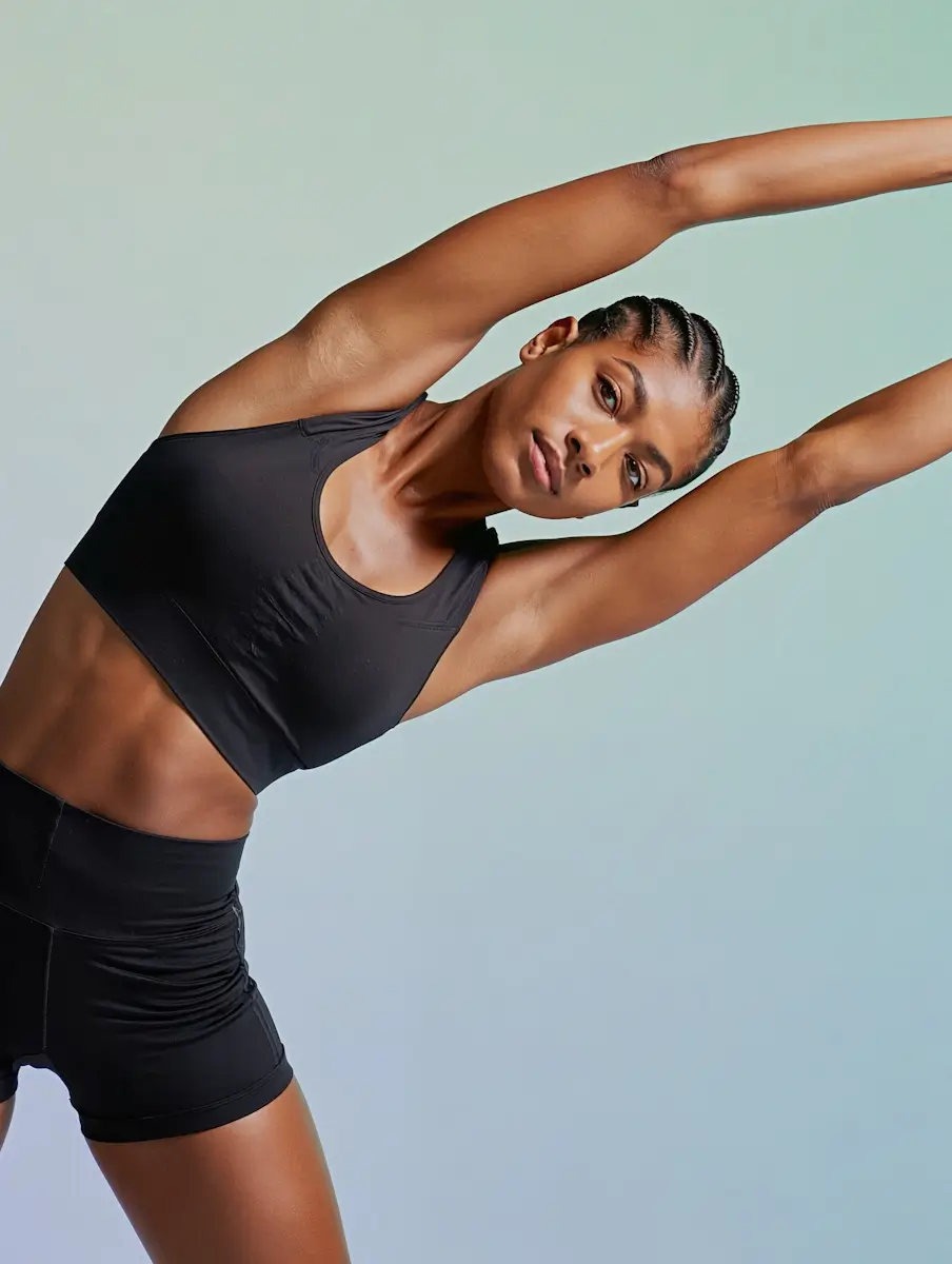 Athletic woman wearing black sportswear stretches sideways against a light gradient background.