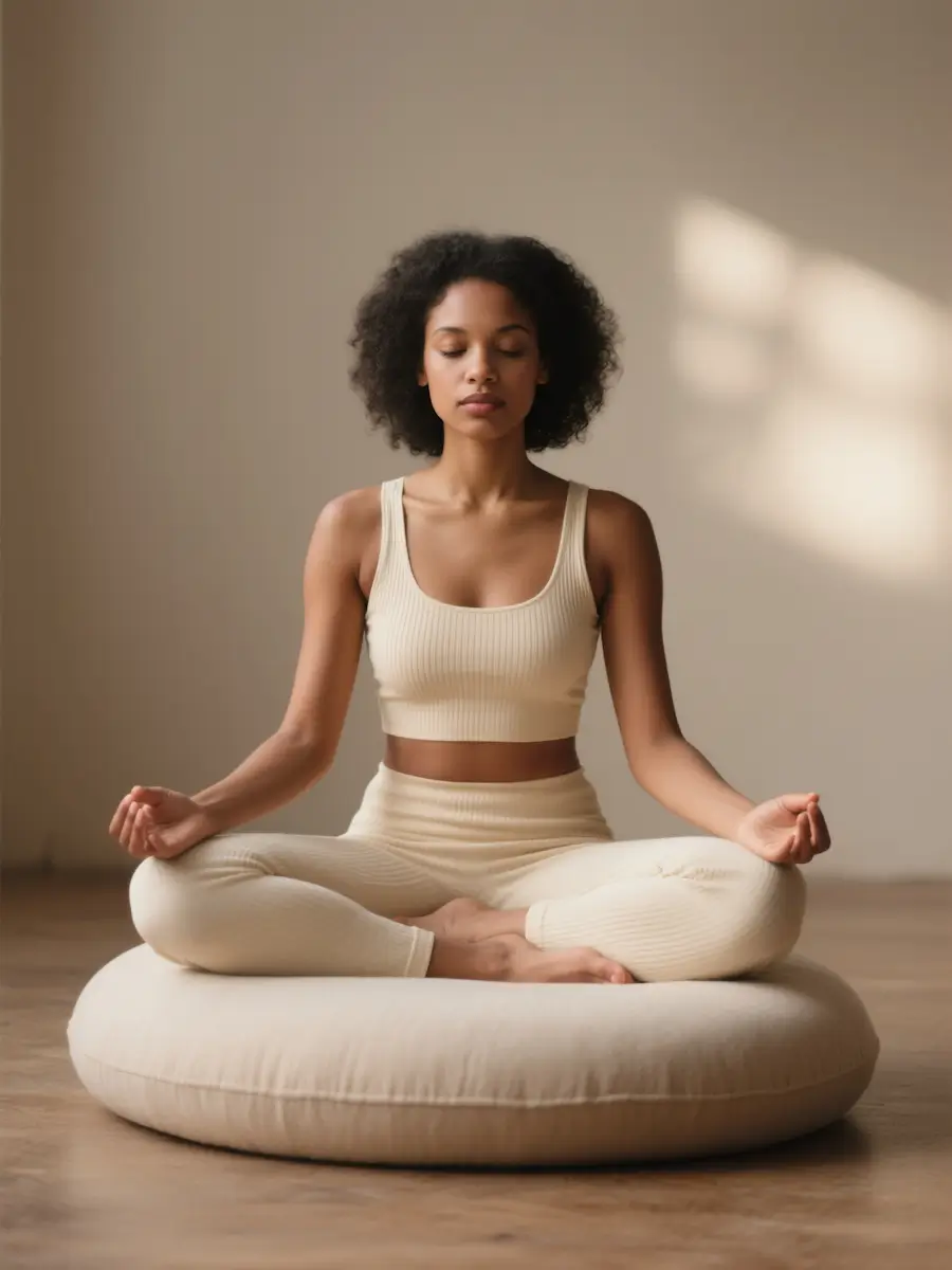 Woman with curly hair wearing beige activewear meditating cross-legged on a round cushion indoors.