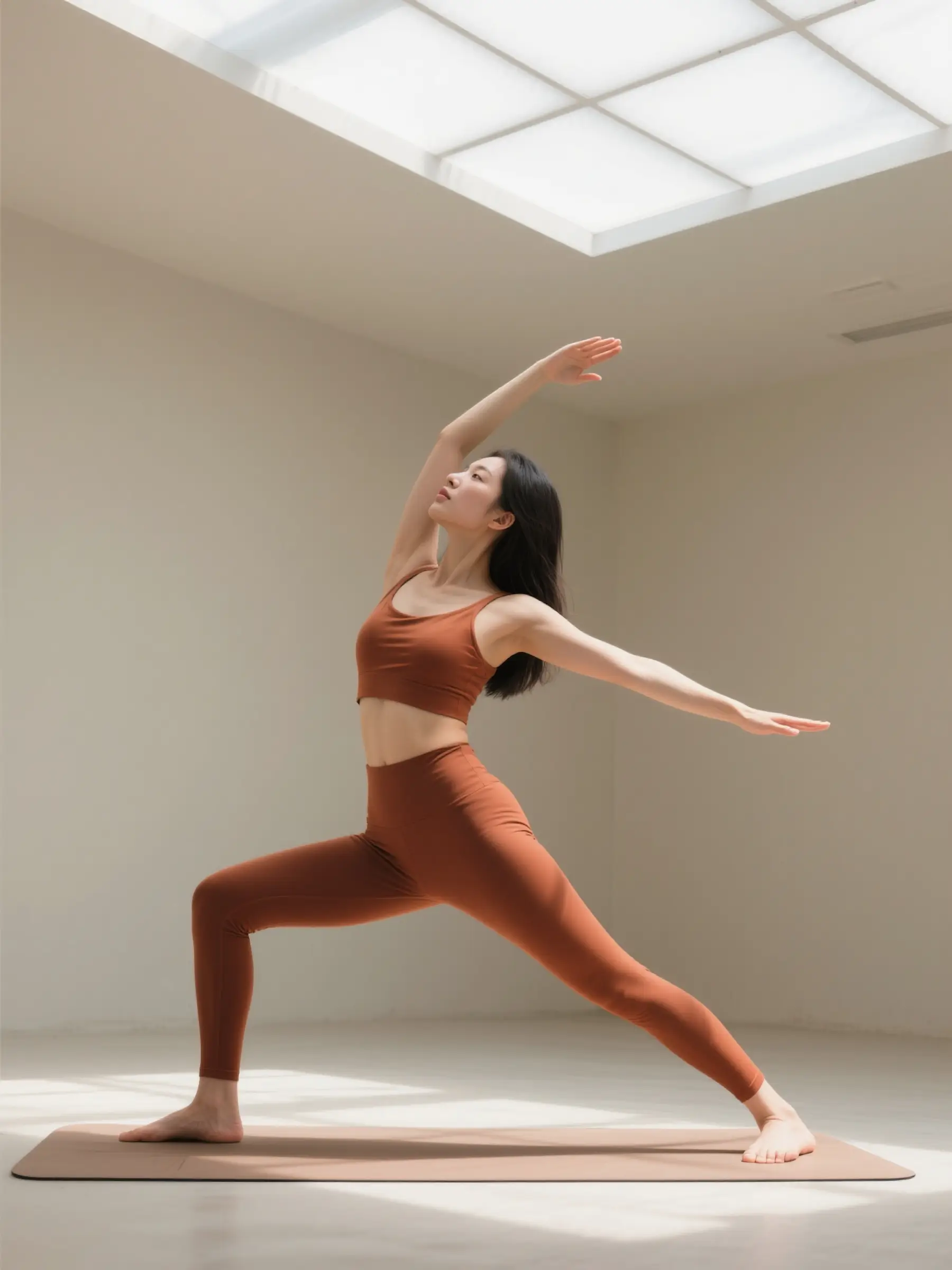 Woman in rust-colored activewear performing a yoga warrior pose on a mat in a bright, minimalist room.