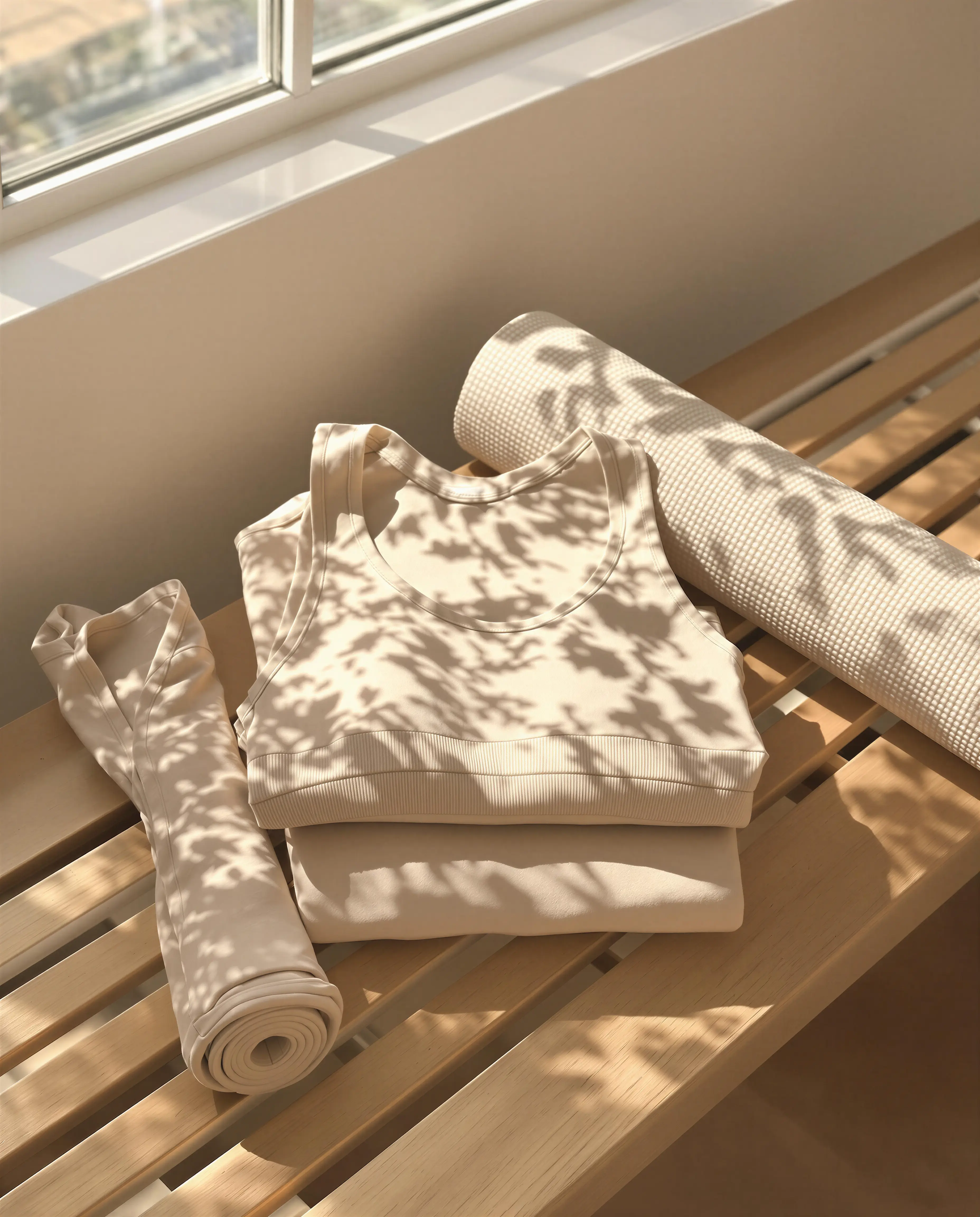 Beige tank top, folded leggings, and a yoga mat on a wooden bench with shadows of leaves from a nearby window.