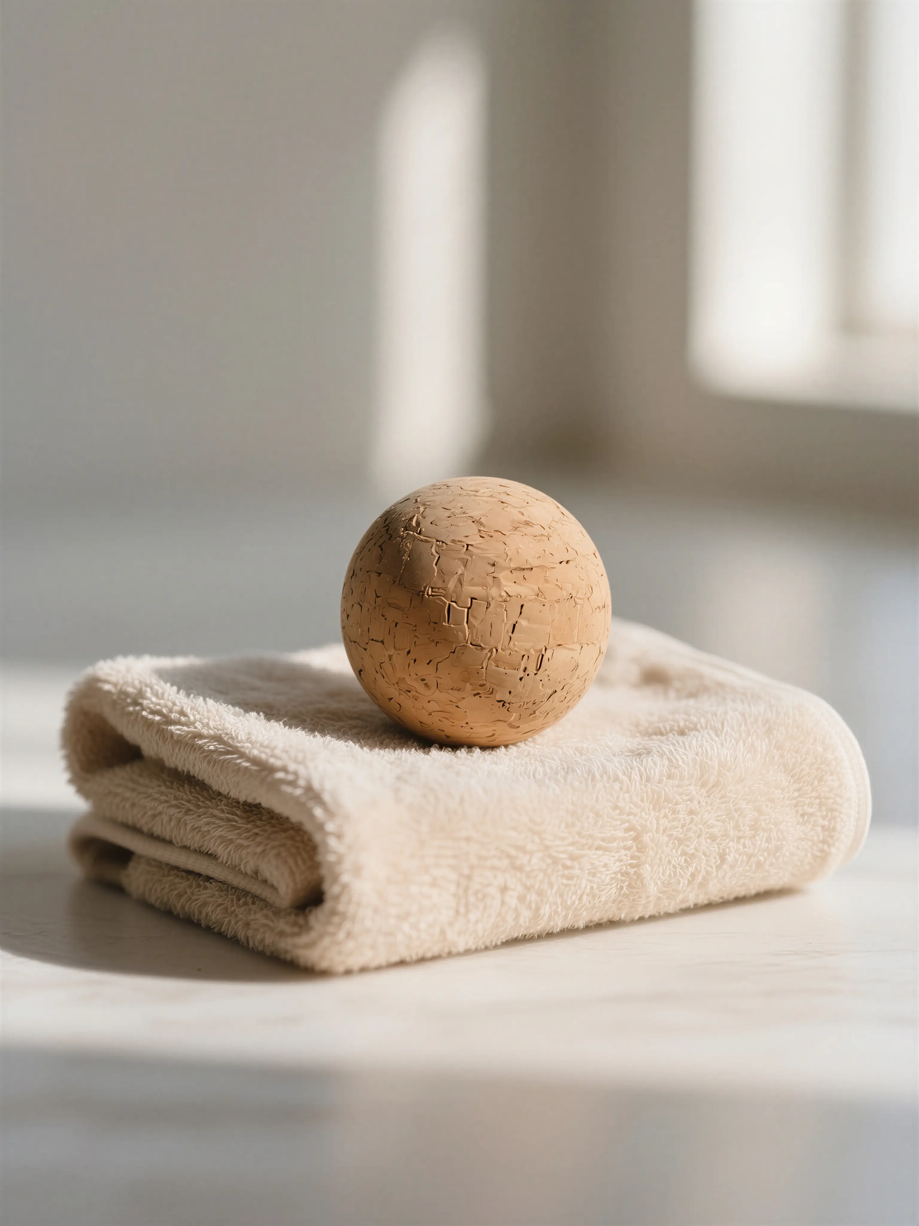 Beige textured sphere resting on a neatly folded cream towel on a light surface with soft natural lighting.