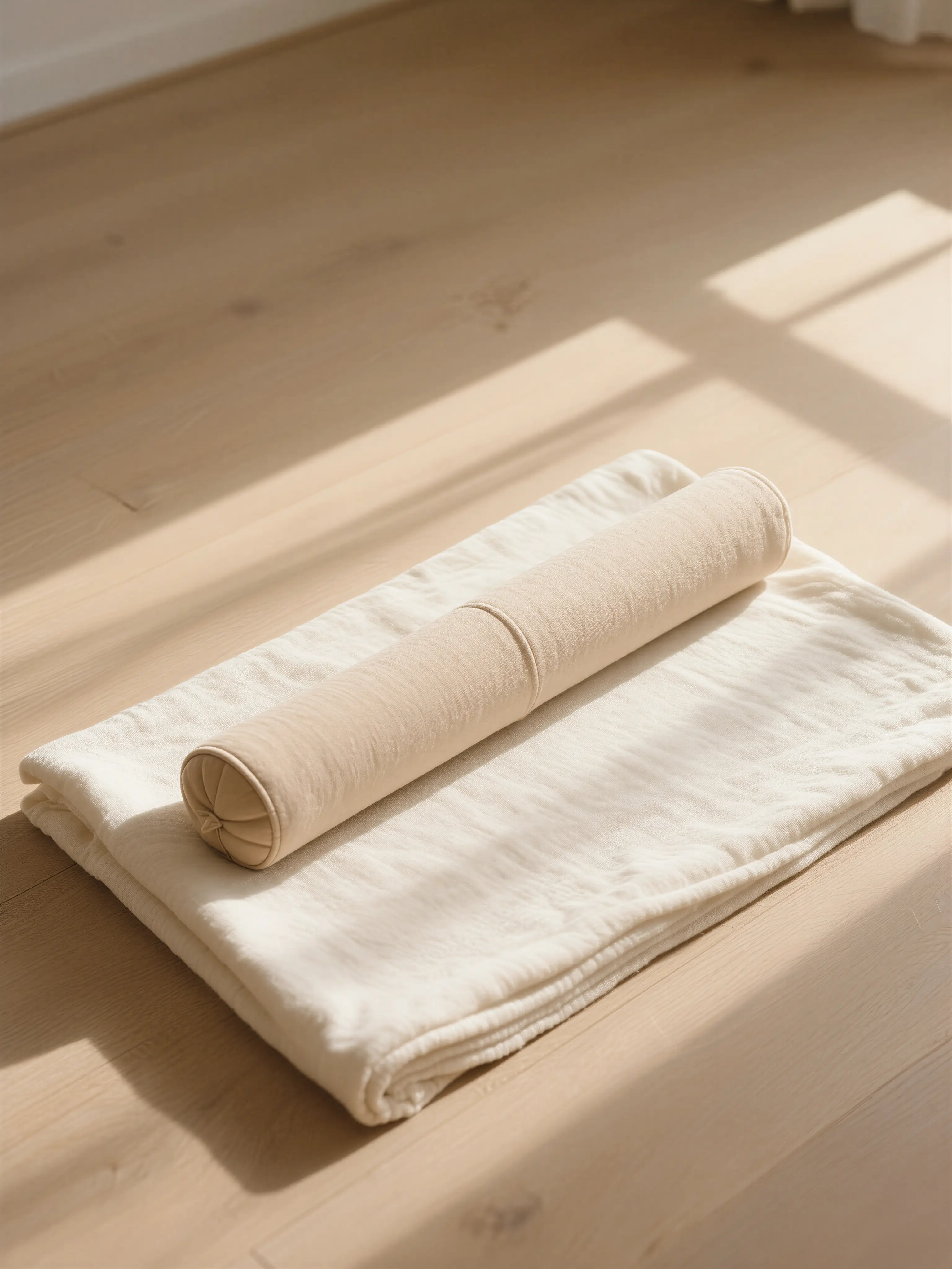 Beige cylindrical bolster pillow resting on a folded cream-colored blanket on light wooden floor with sunlight