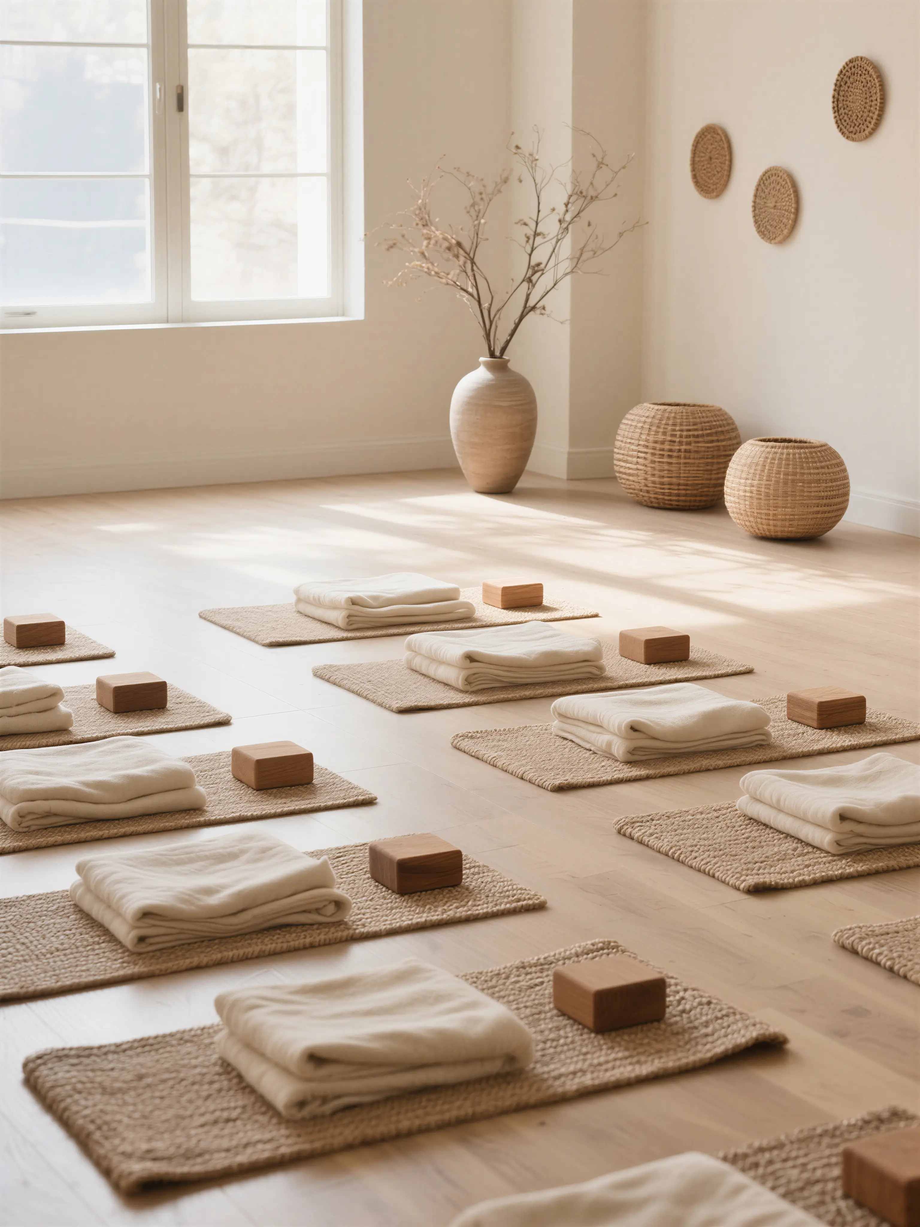 Minimalist yoga studio with woven mats, folded white blankets, wooden blocks, large window, and decorative vase with branches.