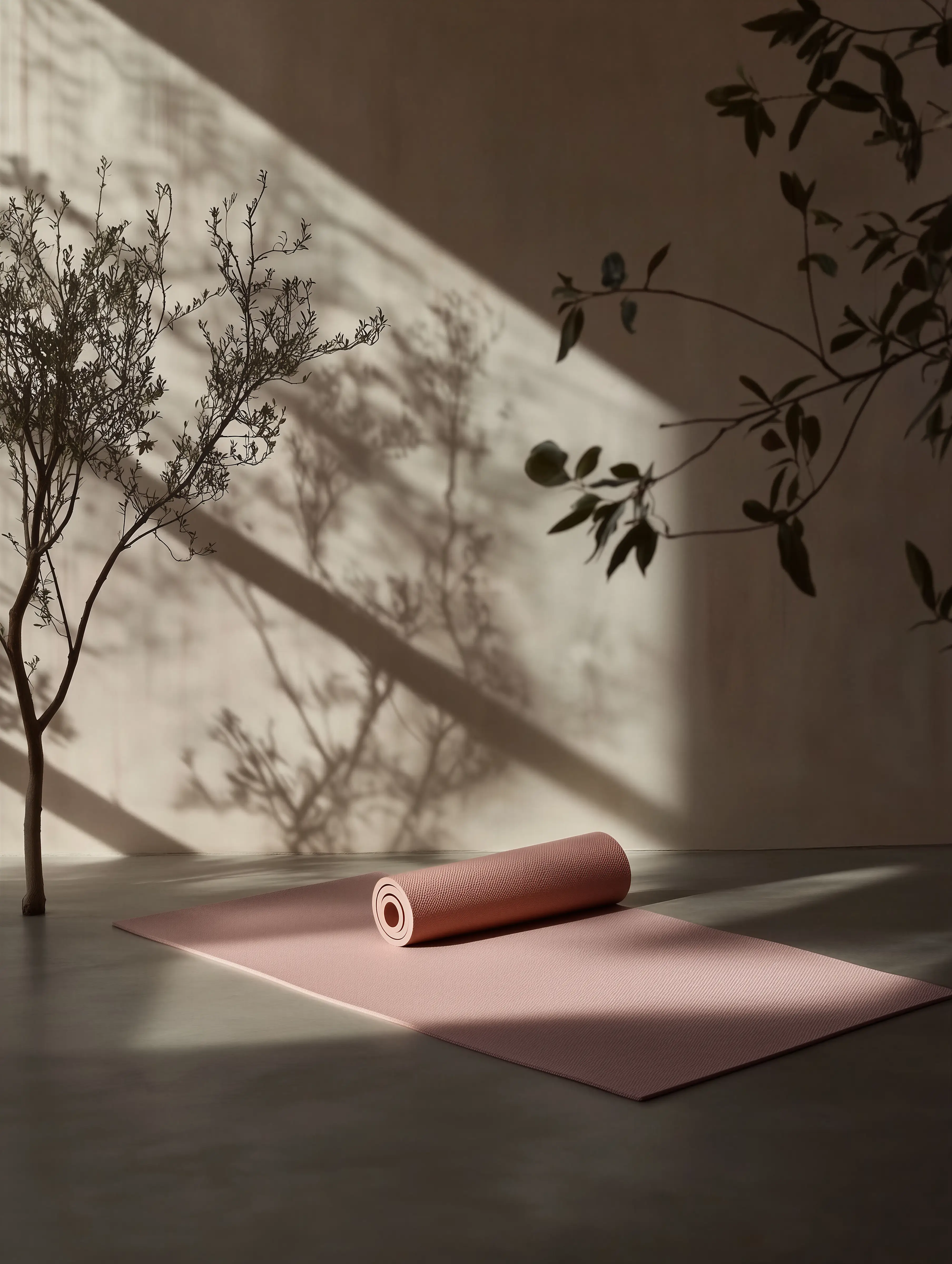 Pink yoga mat partially rolled up on a smooth floor with soft shadows of plants on the wall.