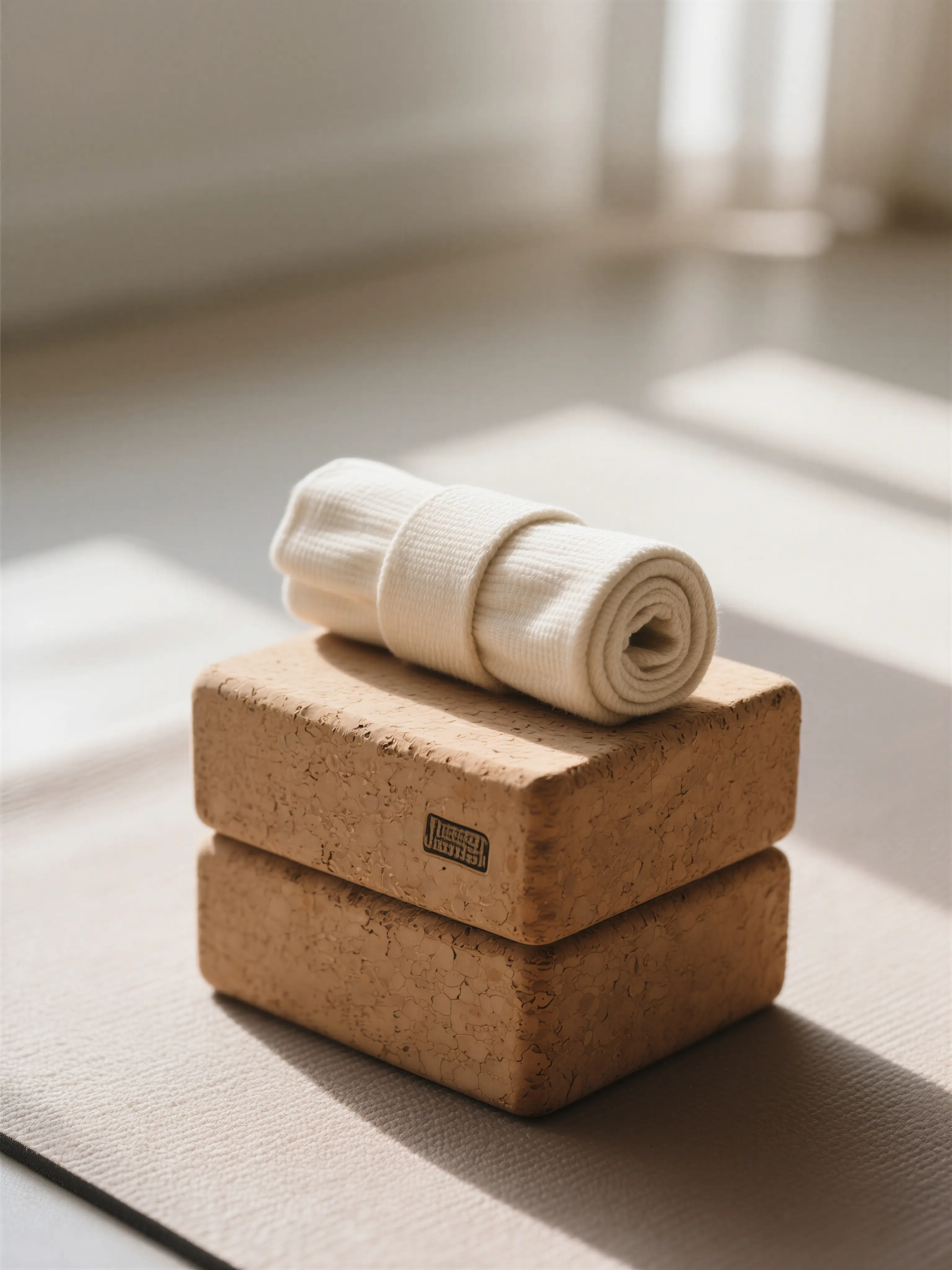 Two cork yoga blocks stacked with a rolled white yoga strap on top, placed on a beige yoga mat in soft natural light.