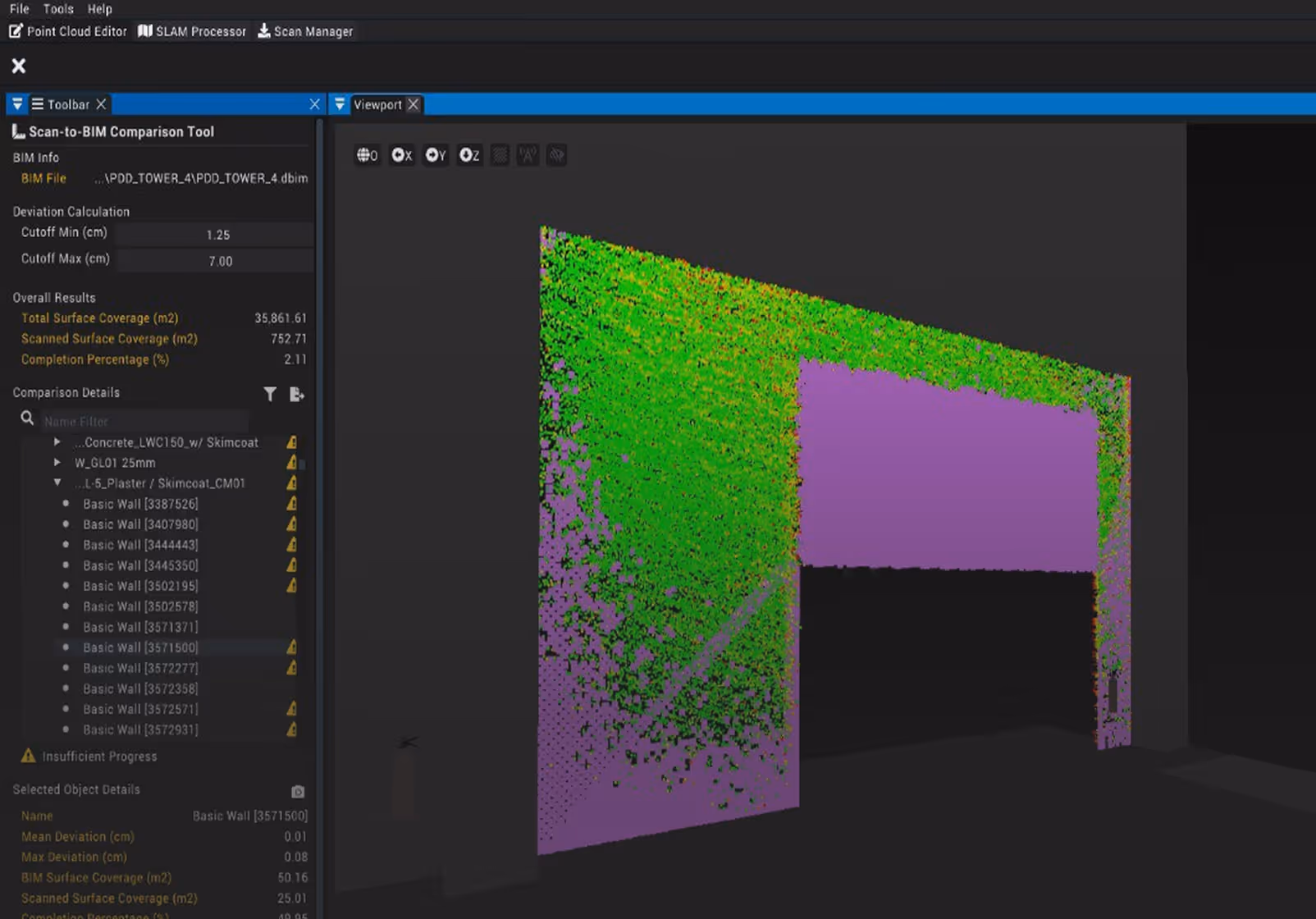 3D model of a scanned building wall showing deviation analysis with green points indicating surface measurement data on a purple wall within a software interface.