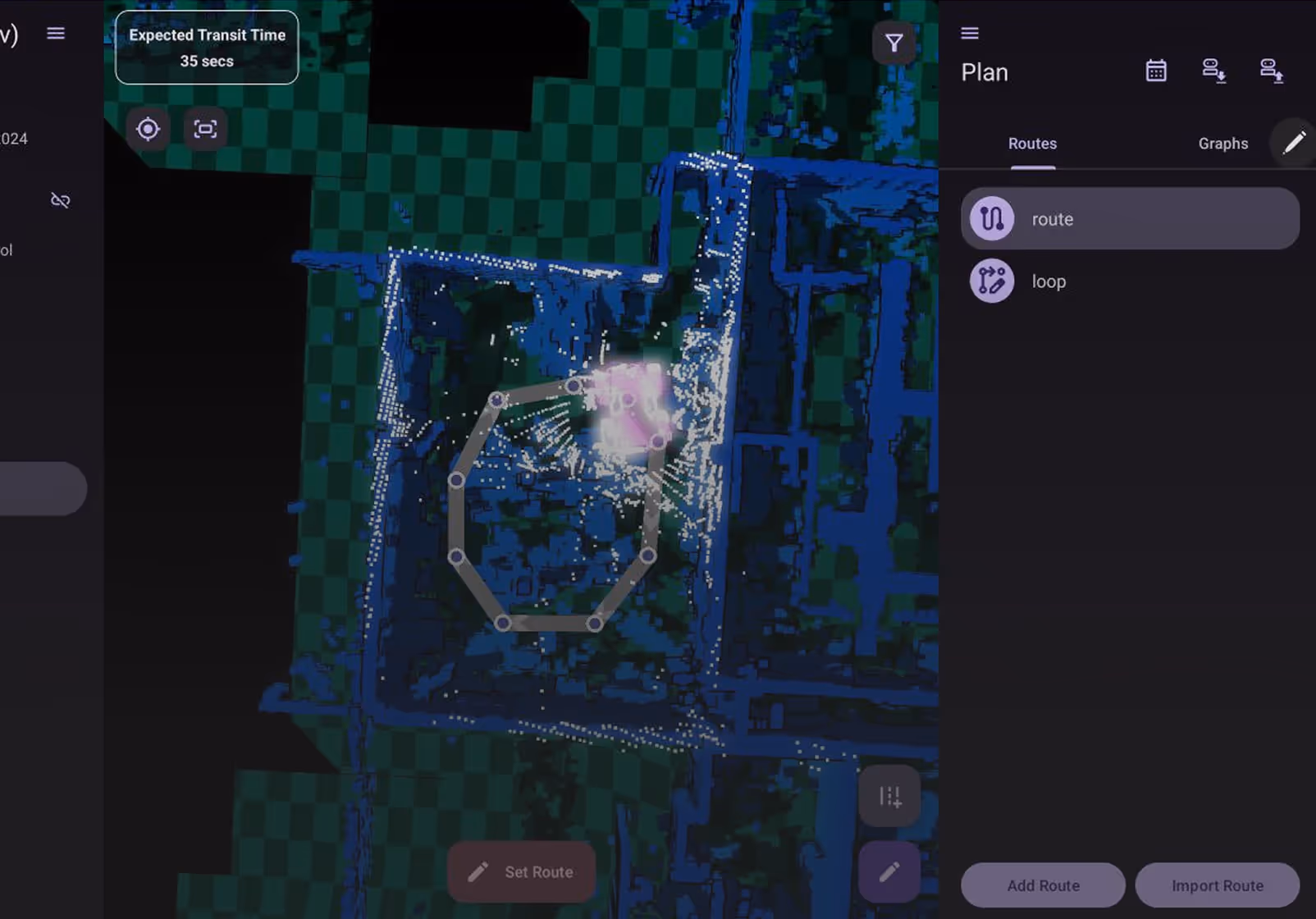 Digital map interface showing a planned route in an octagonal loop with nodes and an expected transit time of 35 seconds.