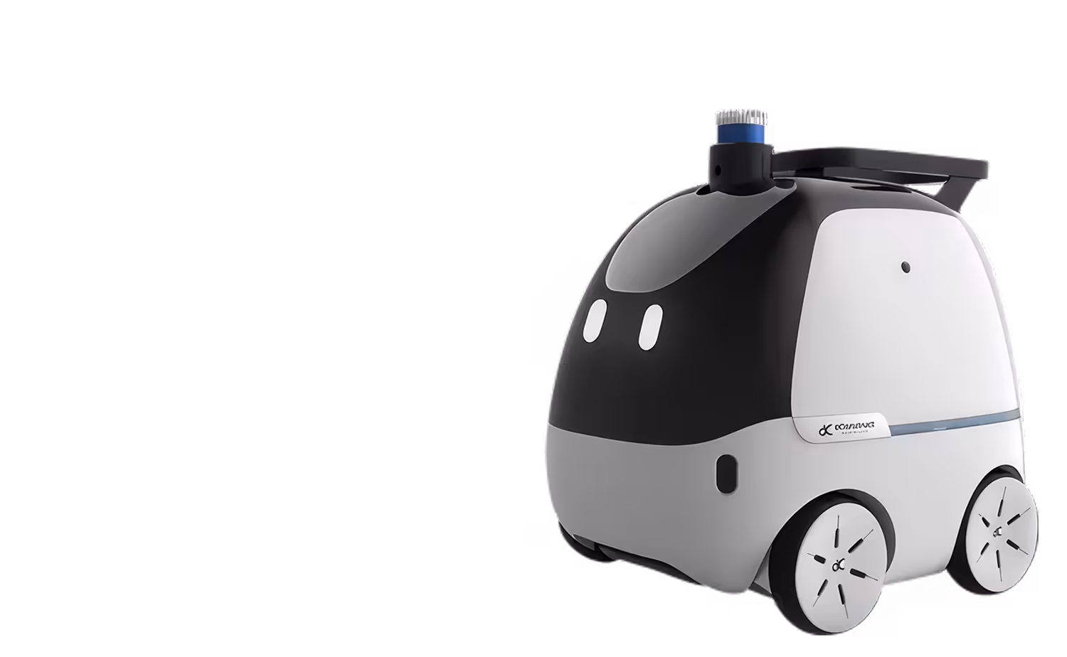 Compact autonomous delivery robot with a black and white body, four wheels, and a sensor on top.