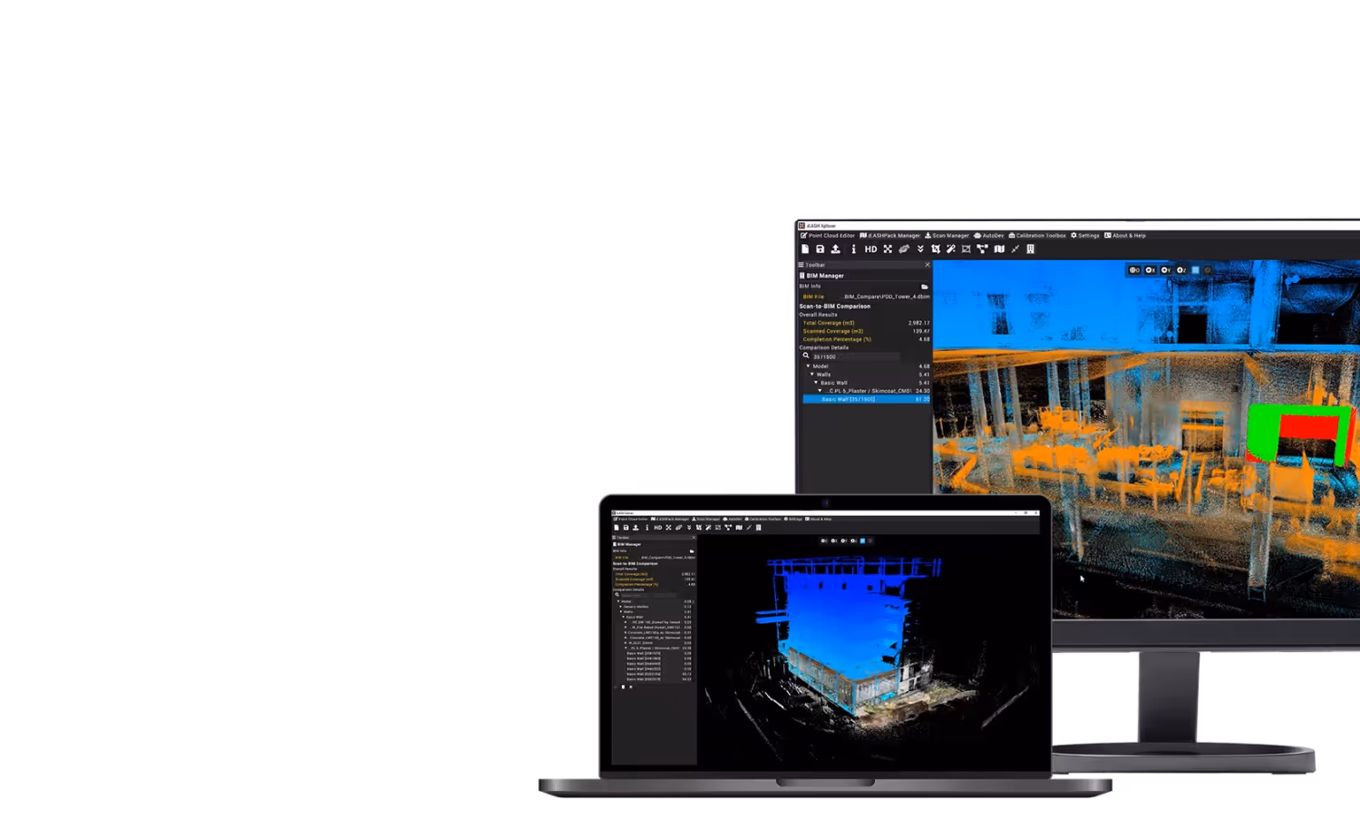 Two screens displaying 3D building models with color-coded structural elements in BIM software.