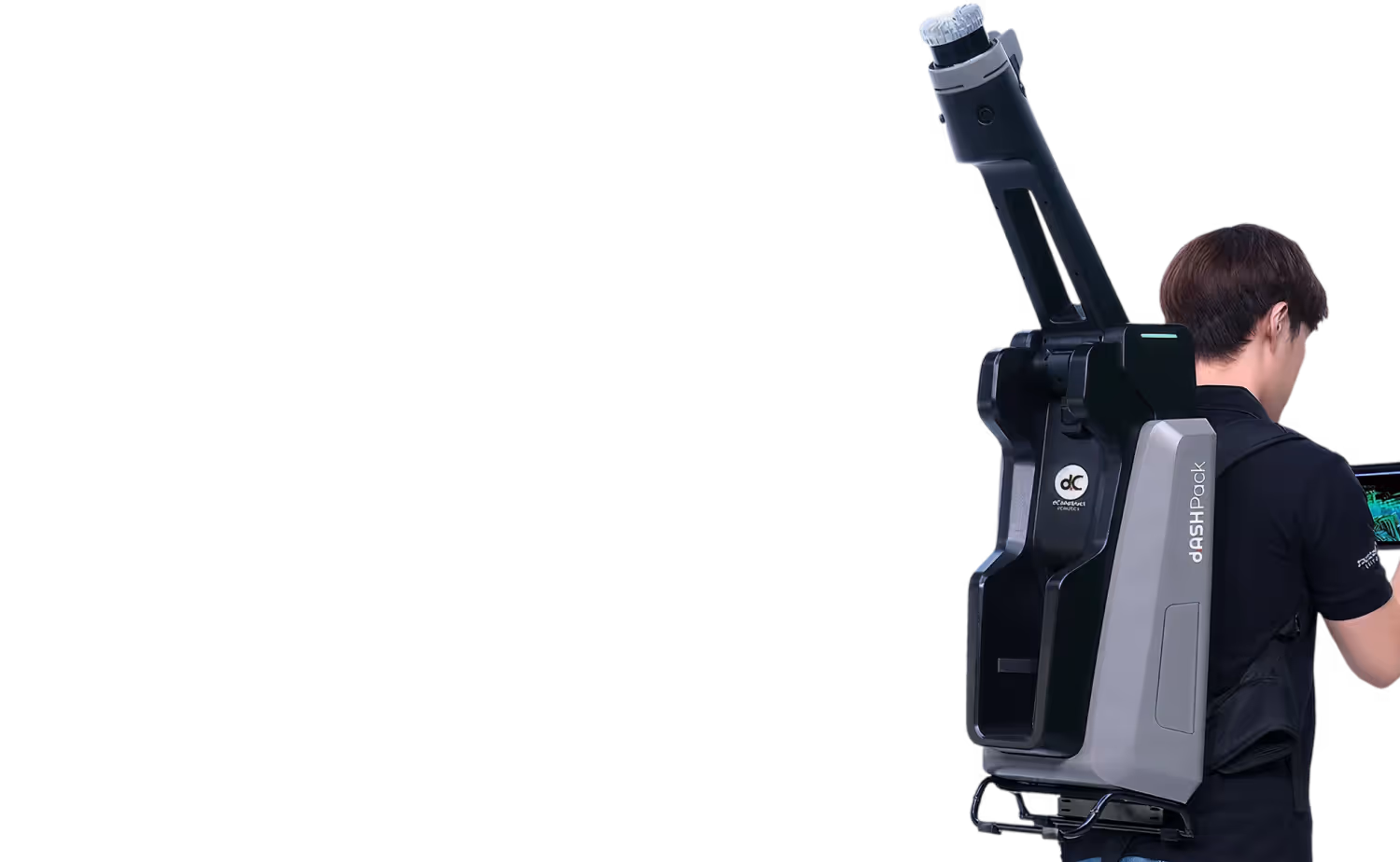 Person wearing a black and gray backpack device labeled DASHPack with a protruding arm-like attachment.