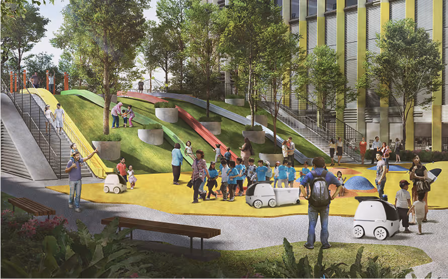 Outdoor playground with children, teachers, and autonomous delivery robots on a sunny day near slides and trees.