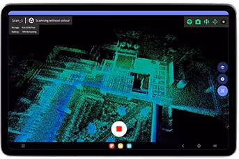 Tablet screen displaying a 3D scan visualization with blue and green data points and scanning controls.