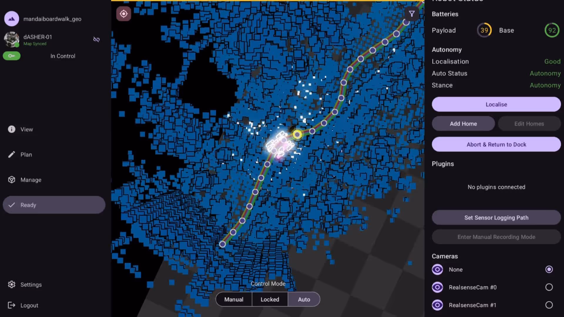 Interface showing a robot navigation map with a path, robot status details, and control options including manual, locked, and auto modes.