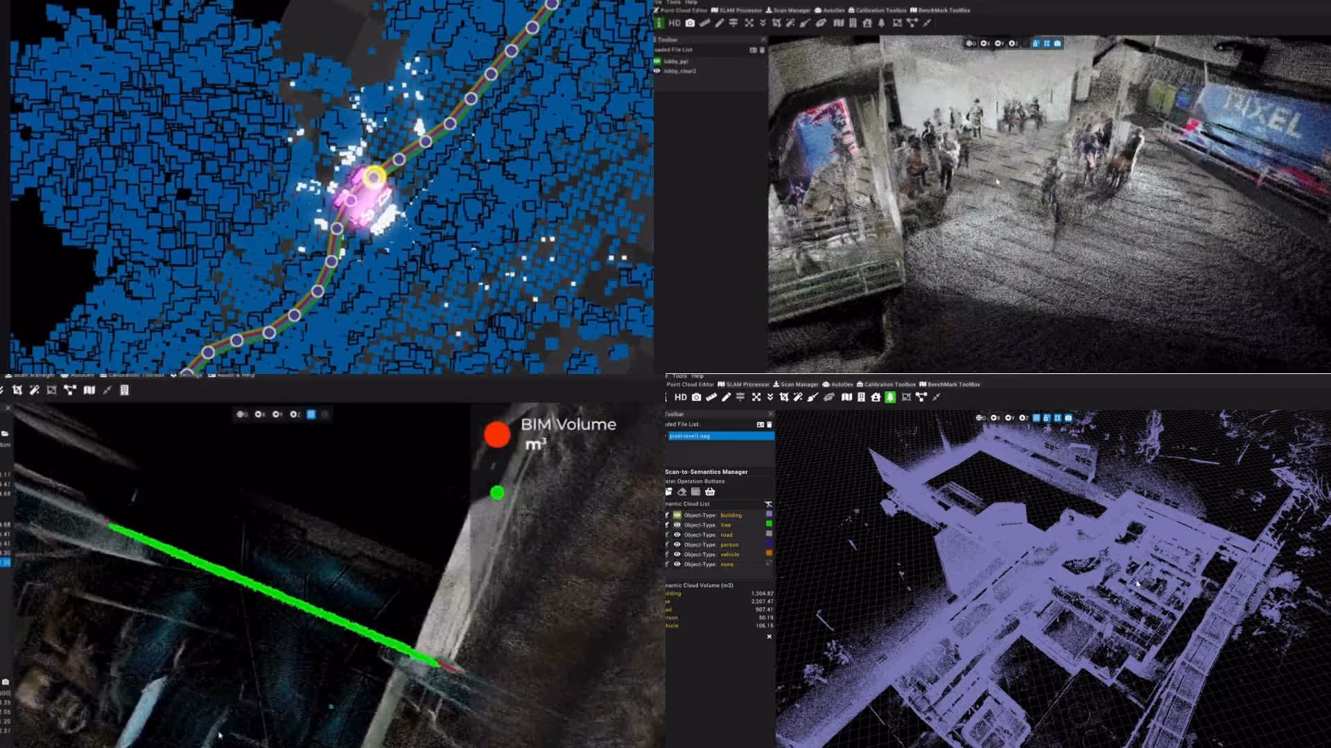 Four-panel display showing 3D mapping and point cloud data in a software interface with annotated objects and volume measurements.