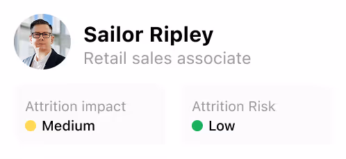 Profile of Sailor Ripley, retail sales associate, showing medium attrition impact with yellow dot and low attrition risk with green dot.