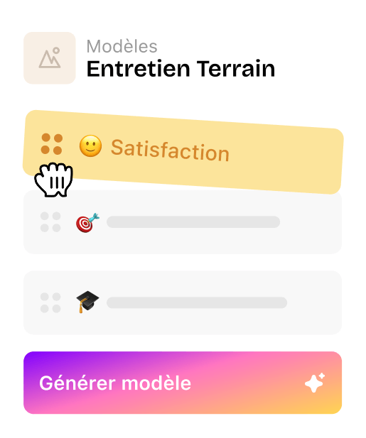 Interface du modèle « Frontline Review » affichant une section Satisfaction sélectionnée avec un emoji smiley, d'autres sections avec des emojis représentant une cible et un chapeau de diplômé, ainsi qu'un bouton coloré « Générer un modèle ».