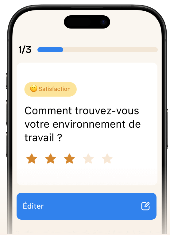 Écran de smartphone affichant un sondage posant la question « Comment évalueriez-vous votre environnement de travail ? », avec trois étoiles sur cinq sélectionnées et un bouton bleu « Modifier » en dessous.