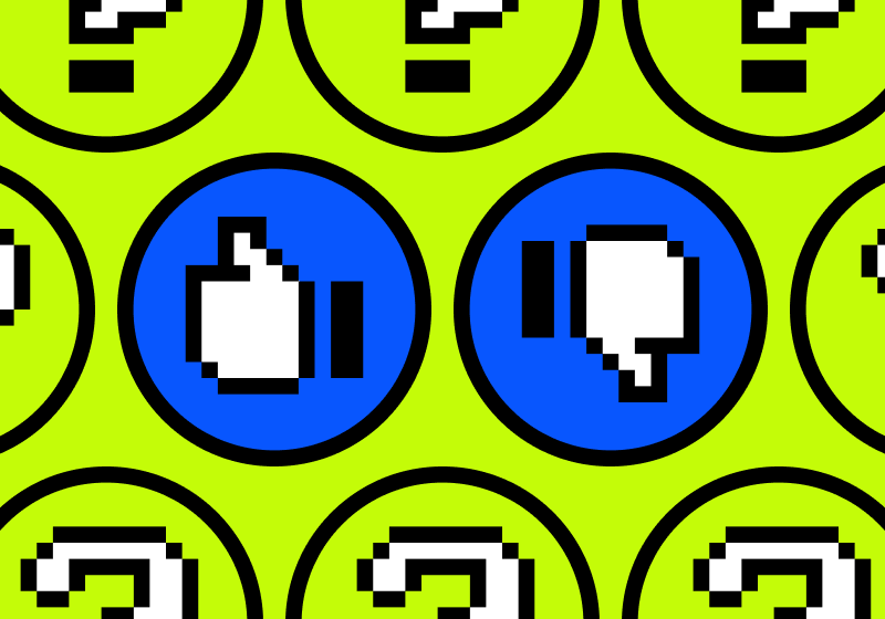 Illustration with thumbs up and thumbs down in pixelated style.