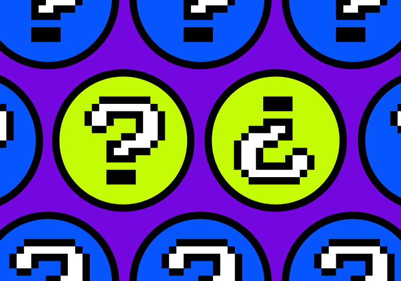 Illustration with question marks in pixelated style.