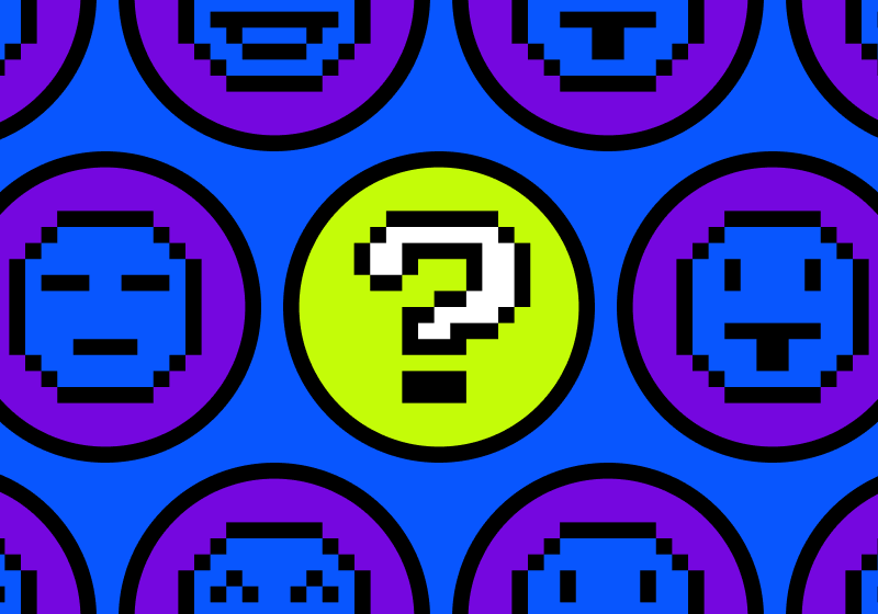 Illustration with a question mark and emojis in pixelated style.