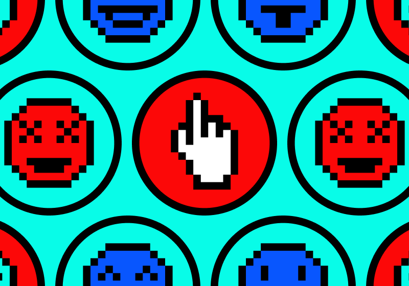 Illustration with emojis and a pointing finger in pixelated style.