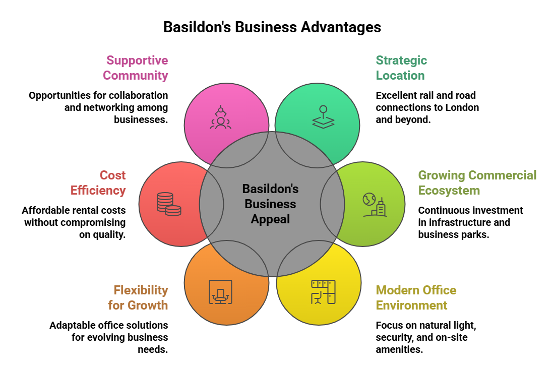 Graphic showing Basildon’s advantages for businesses looking for an office to rent in Essex, including connectivity, flexible workspace and value.