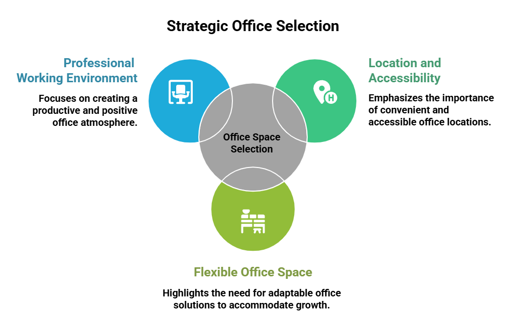 Graphic showing the key factors to consider when choosing offices to let in Essex