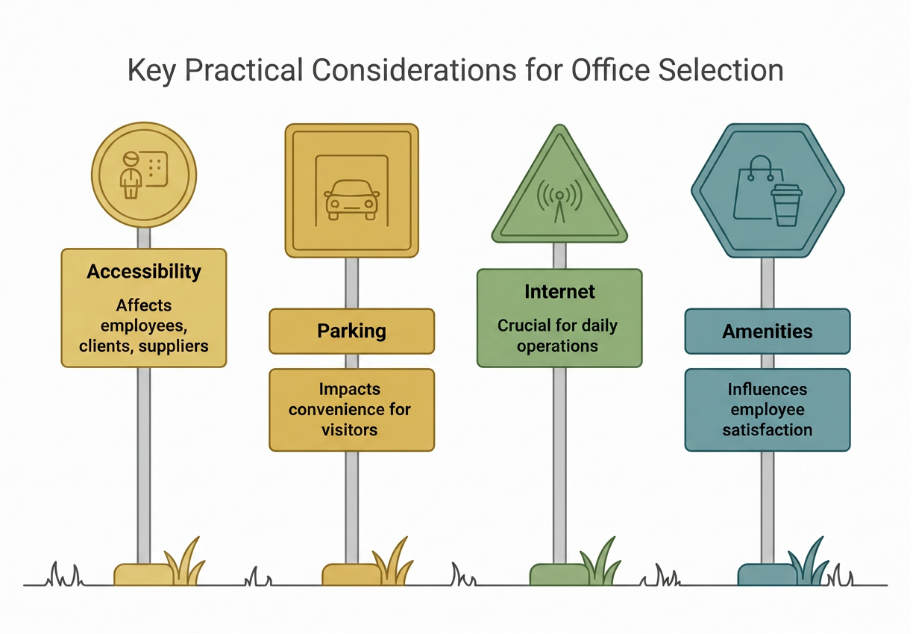 Graphic highlighting practical factors to evaluate before choosing office rent in Essex