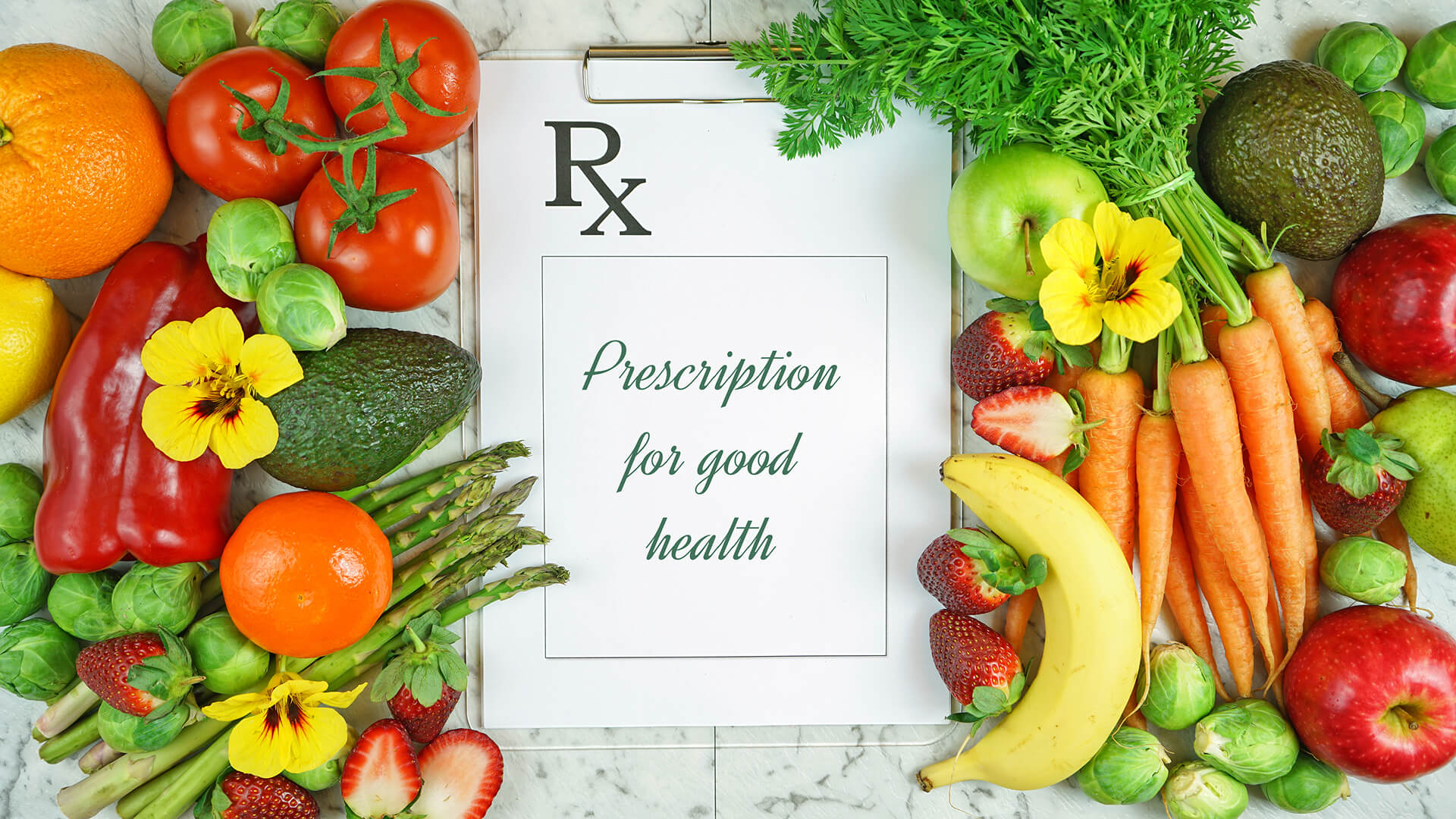 Basket of fresh produce with prescription pad, representing produce prescription programs improving health and saving costs.
