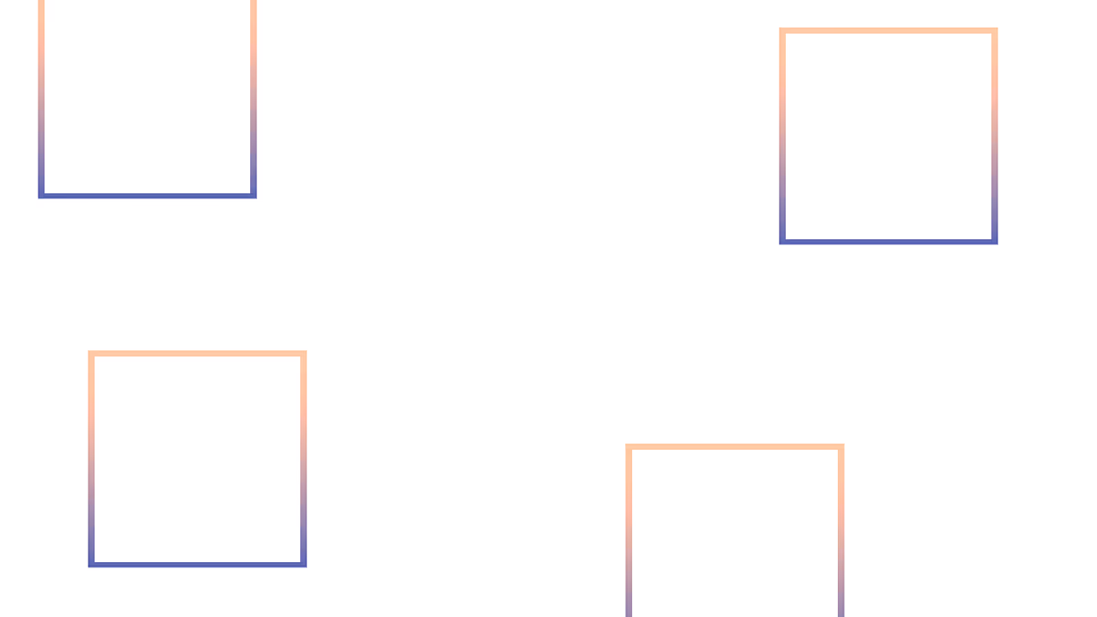 Four empty squares with gradient borders in orange and blue arranged on a white background.