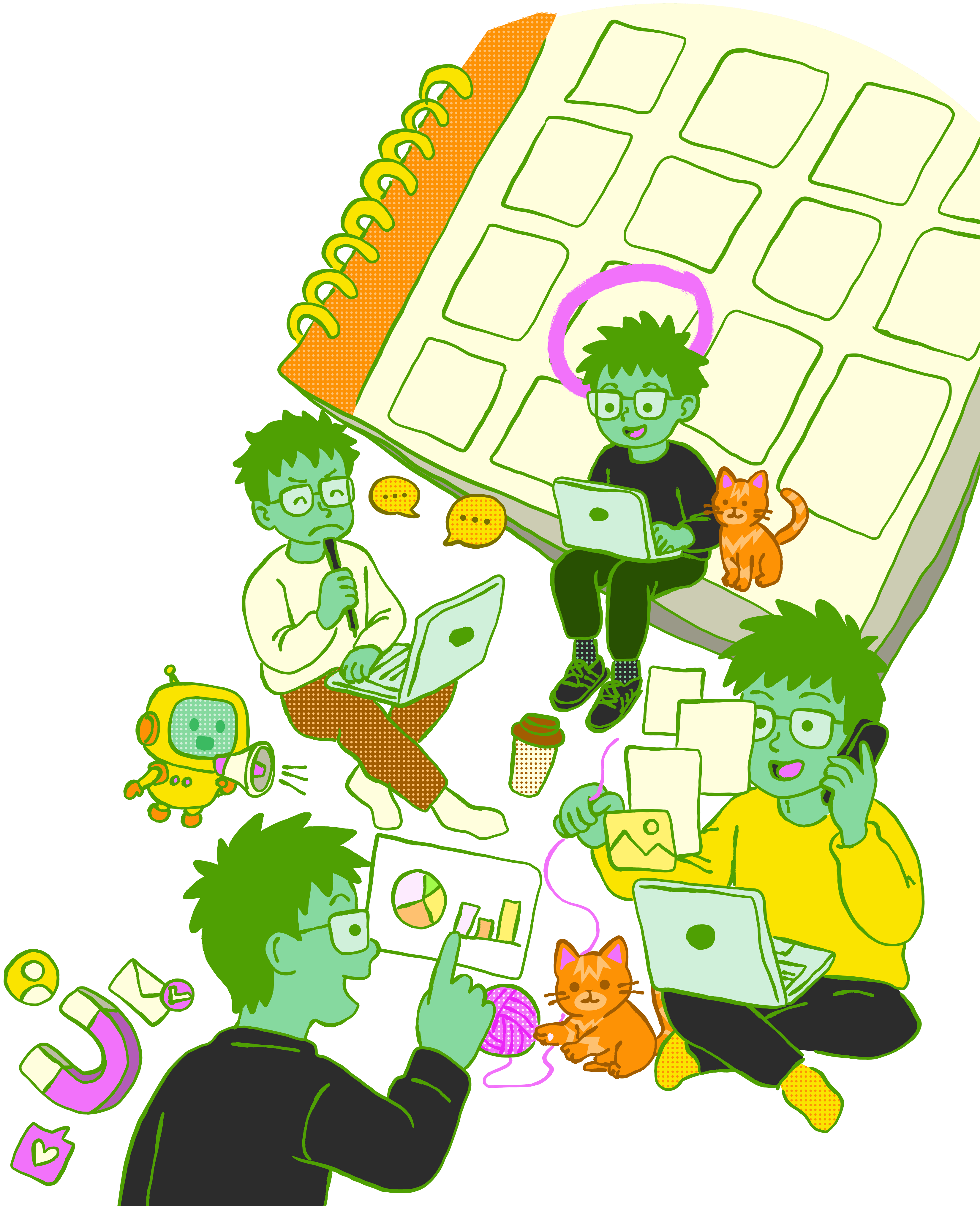 Playful illustration of a young marketer (Antonio Bautista) working on multiple laptops around a giant calendar, he's accompanied by an orange cat, marketing icons, and a small robot.