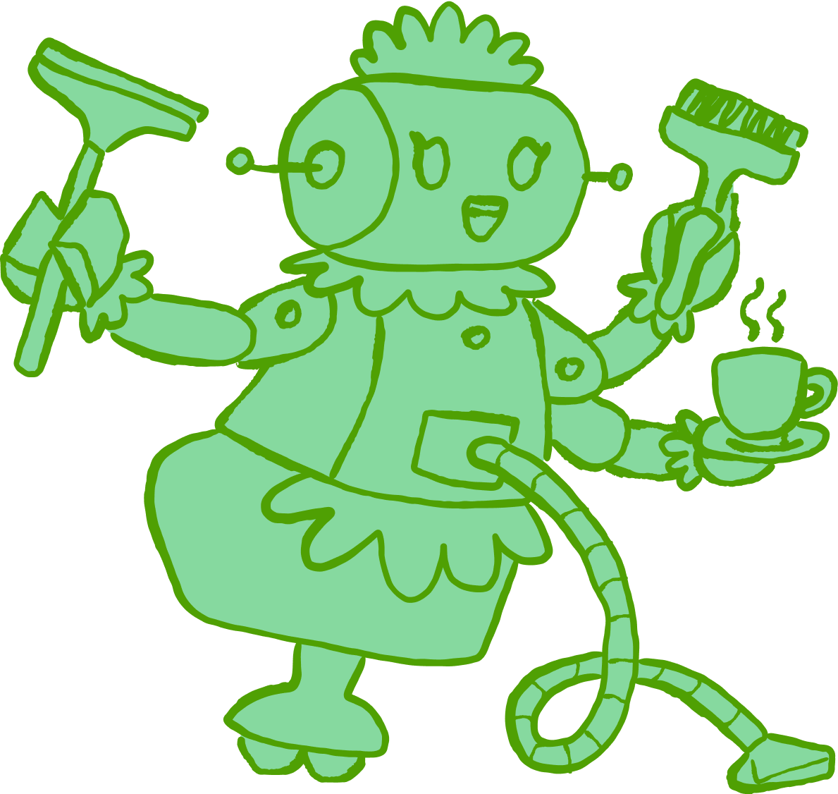 Cartoon-style green robot maid holding cleaning tools and a coffee cup, drawn in a friendly cartoonish style.