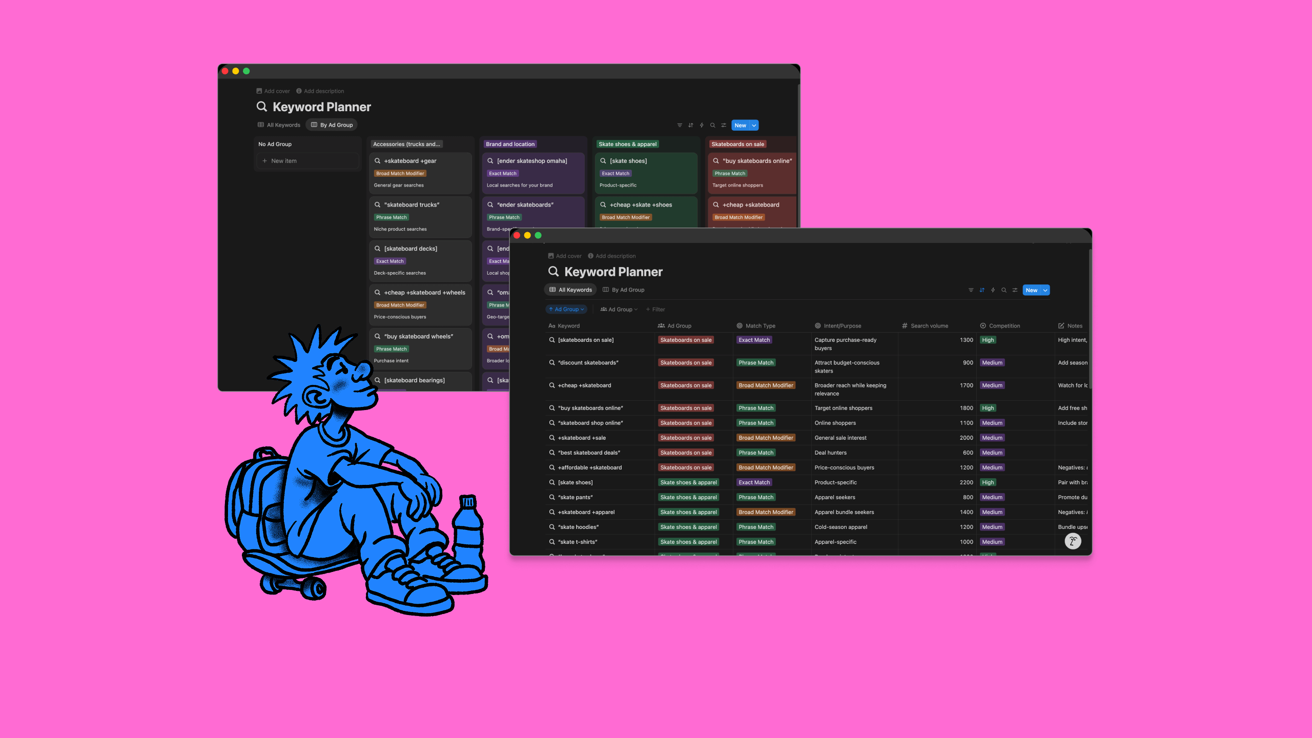 Digital marketing keyword planner dashboard for Ender Skateshop campaign, displayed on pink background with blue skater illustration.