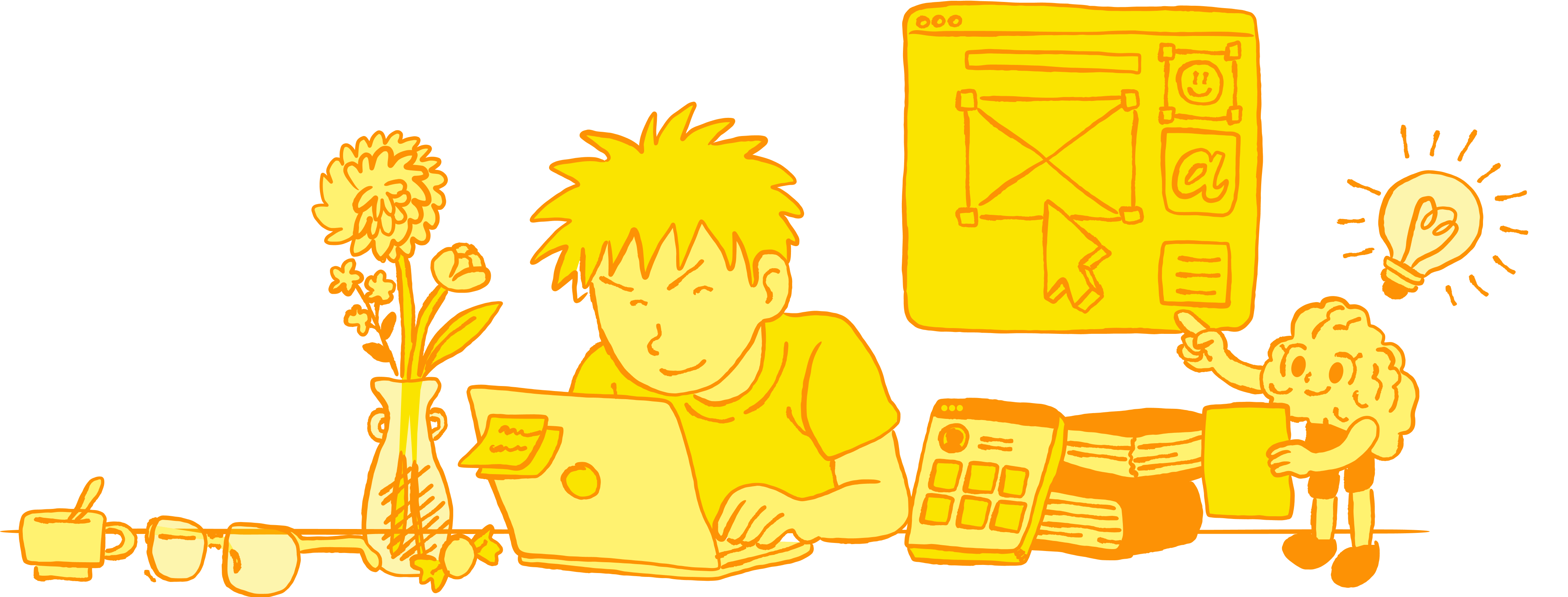 Yellow illustration of a young man (Antonio Bautista) working on a laptop beside a friendly brain character holding a paper and pointing at a web design mockup, surrounded by coffee cups, flowers, and a glowing light bulb.